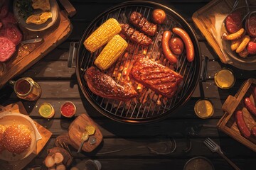Cookout featuring grilled meats and sides at an outdoor gathering during summer