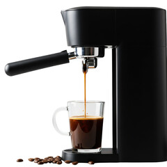 Modern black espresso machine brewing coffee into a glass mug isolated on transparent background