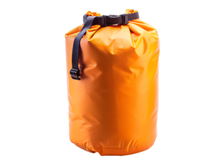 Orange waterproof dry bag for outdoor activities, isolated on transparent background