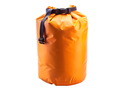 Orange waterproof dry bag for outdoor activities, isolated on transparent background