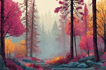 Colorful autumn forest with vibrant leaves and misty atmosphere near a tranquil stream in early morning light