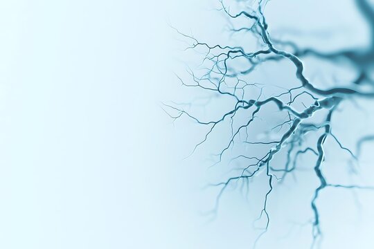 Delicate blue blood vessel pattern on light background showing intricate branching structure of capillaries and arteries in medical science visualization.