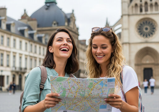Two happy young women laughing while looking at a map in a european city square, enjoying their travel adventure