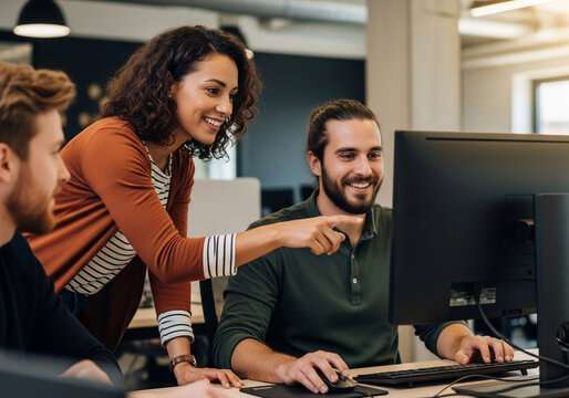 A team of professionals actively engaged in a discussion around a computer, with one person pointing at the screen, signifying collaborative work and problemsolving
