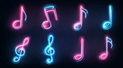 Eight neon musical notes glow in pink and blue against a dark background