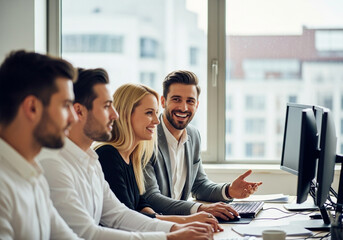 A diverse team of professionals collaborates enthusiastically in a modern office setting, focusing on a computer screen during a productive work meeting
