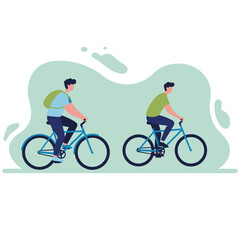 Fototapeta premium Two men riding bicycles outdoors in a colorful flat design 