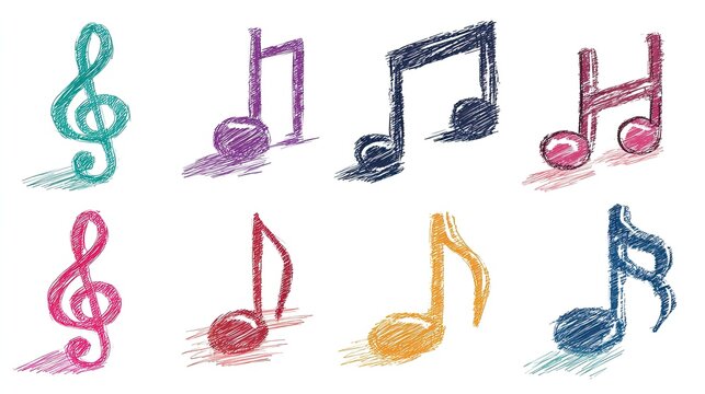 Eight sketched musical notes in varied colors casts light shadow