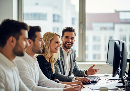 A diverse team of professionals collaborates enthusiastically in a modern office setting, focusing on a computer screen during a productive work meeting