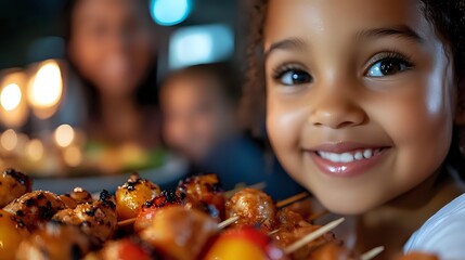 Young African American girl smiling brightly at family barbecue gathering with grilled chicken skewers in foreground, warm evening lighting creates cozy atmosphere.