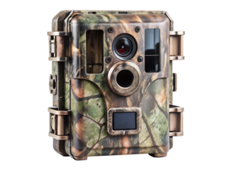 Camouflage trail camera for wildlife monitoring and surveillance isolated on transparent background