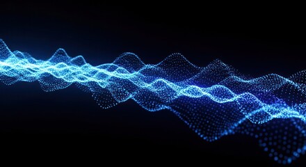 Abstract blue wave of glowing particles on a black background