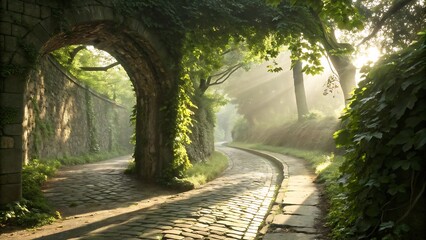 Sunbeams illuminate a cobblestone pathway through a stone archway