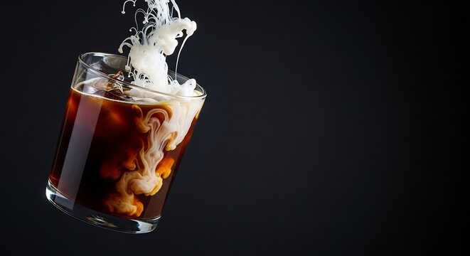 Cream pours into a glass of iced coffee, creating an elegant swirling splash of white in the dark liquid. Dynamic beverage shot isolated on a black background with copy space.