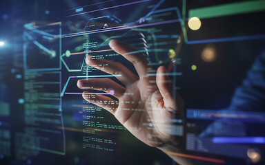 Human hand touching futuristic digital interface with code