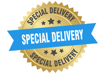 special delivery. special delivery round blue and gold label isolated on transparent background