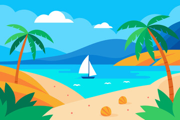 Obraz premium A tropical paradise with palm trees on a sandy beach, bathed in the summer sun, perfect for a relaxing vacation