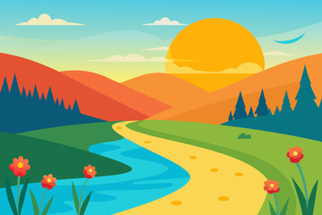 Obraz premium Vibrant summer mountain landscape with a green field, forest, and a beautiful blue sky with clouds