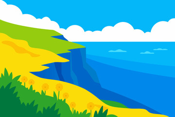 Obraz premium A vibrant cartoon summer landscape with green hills, a blue lake, and a majestic mountain range under a sunny sky