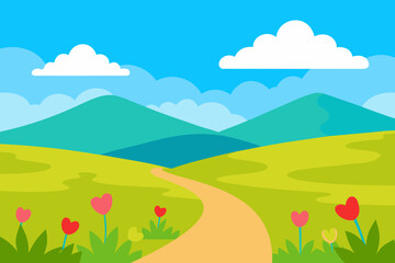 Fototapeta premium Green hills and meadows under a vibrant blue sky with fluffy white clouds, a quintessential summer landscape illustration