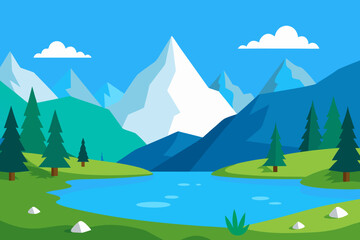 Mountain landscape with lake, clouds, and green forest