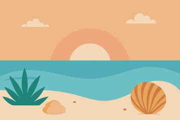 Obraz premium Vector illustration of a tropical summer beach landscape with palm trees, sand, and ocean waves