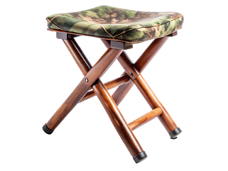 Folding wooden stool with camouflage seat for outdoor use, isolated on transparent background