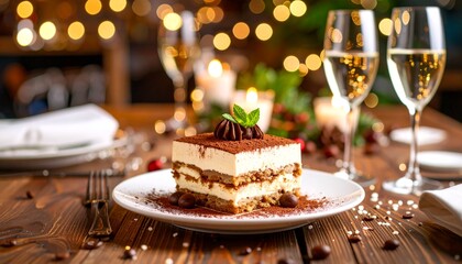 Delicious Tiramisu dessert with champagne on a festive table perfect for romantic dinner or celebrat