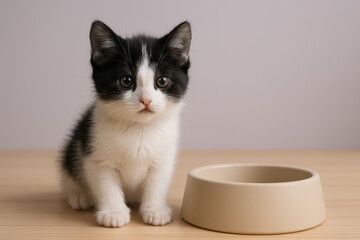 Adorable black and white kitten sitting beside an empty food bowl on a wooden table, gazing curiously with bright eyes