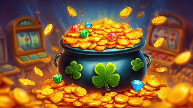 Pot of gold overflowing with coins  jewels set between two slot machines threeleaf clovers are visible