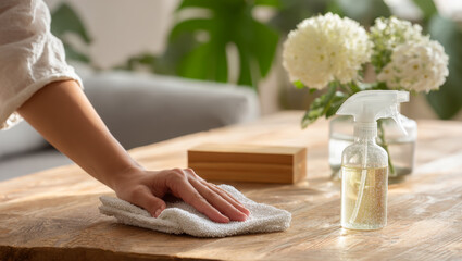 A person is shown cleaning a wooden table with a natural cleaning spray and a soft microfiber cloth. The scene is set in a bright, modern living room with a vase of flowers in the background