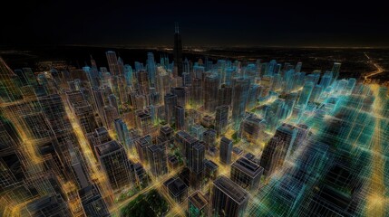 A futuristic city of data symbolizing AI agents and AGI technology using agentic superintelligence in the future for autonomy and the growth of ASI during the singularity