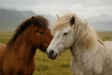 Obraz premium Two icelandic horses standing closely together on a misty grassy plain, displaying gentle companionship and calm demeanor