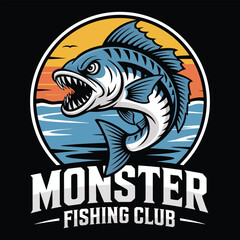 Monster fishing club mascot logo with aggressive fish design vector isolated black and white for bold outdoor branding