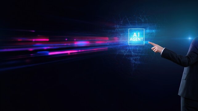 A businessman pressing a 3d hologram symbolizing an AI agent and AGI technology using agentic superintelligence in the future for autonomy and the growth of ASI during the singularity