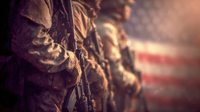 United States Military Service Members Standing Guard with Rifles in Front of the American Flag, Honoring Patriotism