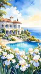 Mediterranean villa with pool and irises, overlooking the sea