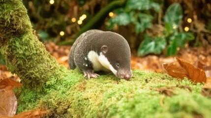 Obraz premium European Mole Talpa Europaea Exploring a Mossy Woodland Area During Autumn