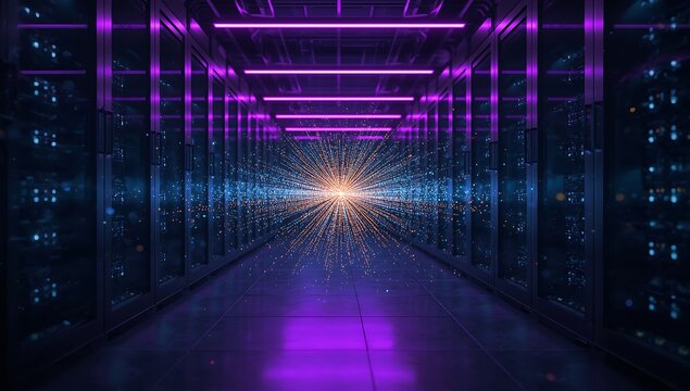 Illuminated server room corridor with purple lighting and central burst of radiating data streams