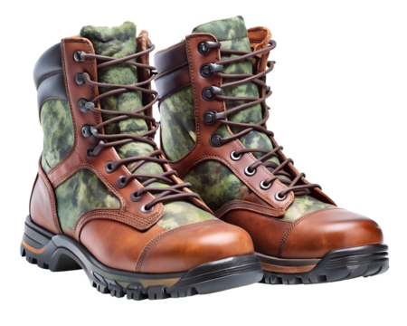 Pair of rugged brown and camouflage leather hiking boots with laces, isolated on transparent background