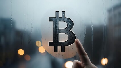 Finger tracing bitcoin symbol on a misty window