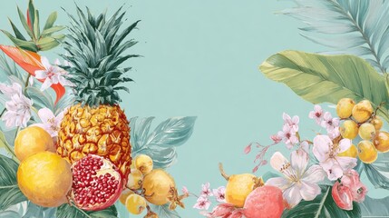 Tropical fruit pineapple oranges and pomegranate blend with lightcolored foliage on a pale teal background