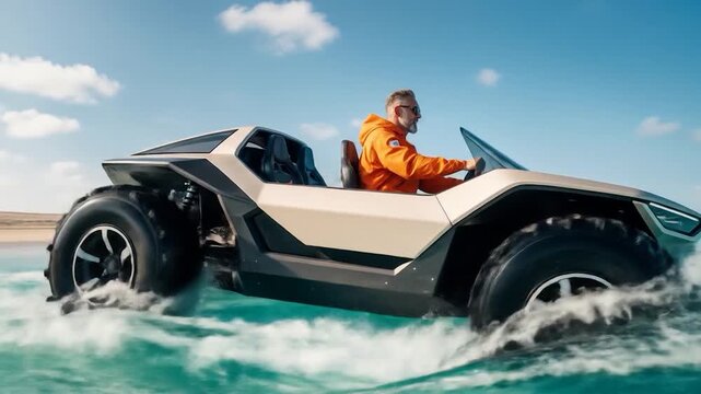 Futuristic Amphibious Vehicle: Man Driving on Beach and Water, Adventure, Innovation