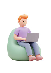 A person using laptop computer, sitting on a beanbag chair