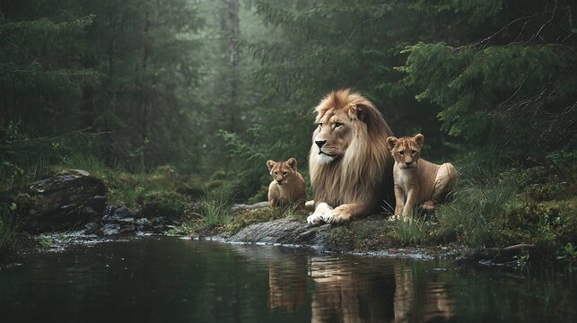 Majestic male lion and two cubs gather by a serene forest watering hole - Powered by Adobe