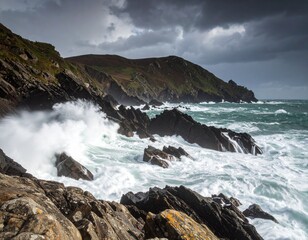 Rugged Coastline Against Stormy Skies.