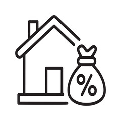 A simple line drawing of a house with a chimney and a money bag with a percentage sign next to it