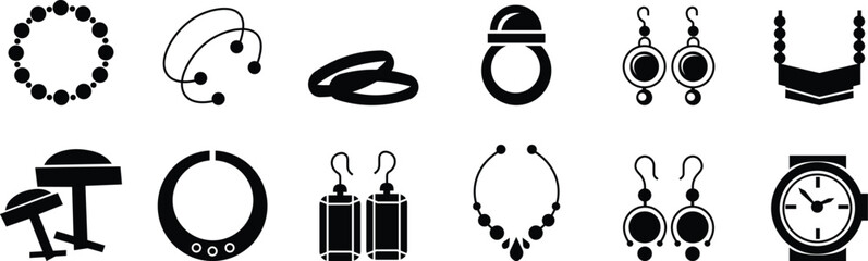 Woman's jewelry icon set elegant vector of rings, neckless, bangles, and watches, in minimalist black silhouette style for fashion design accessory branding E-commerce stores luxury boutique for web