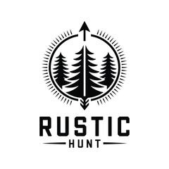 Rustic arrow hunt logo design with black and white emblem vector isolated for outdoor and adventure themes