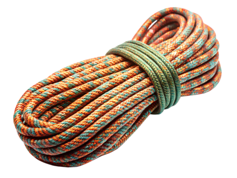 Coiled climbing rope with orange and blue strands, isolated on transparent background